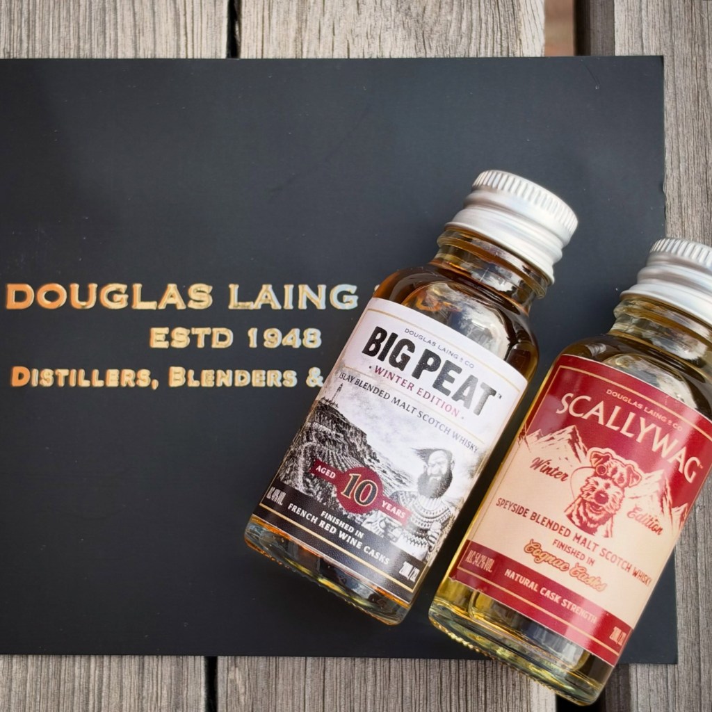 Big Peat and Scallywag Winter Edition miniature bottles on a Douglas Laing presentation card